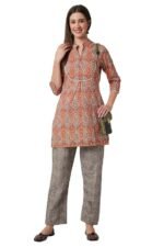 Women's Cotton Short Kurta with Pants - (Orange)