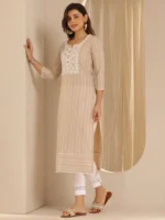 Beige Embroidered Cotton Blend Straight Kurta - Image 2