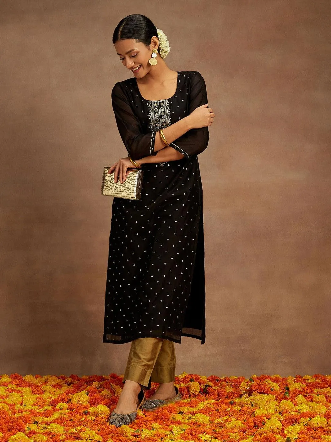 black-woven-design-chanderi-silk-straight-kurta-libas-1-1.webp Black Woven Design Chanderi Silk Straight Kurta - Image 1