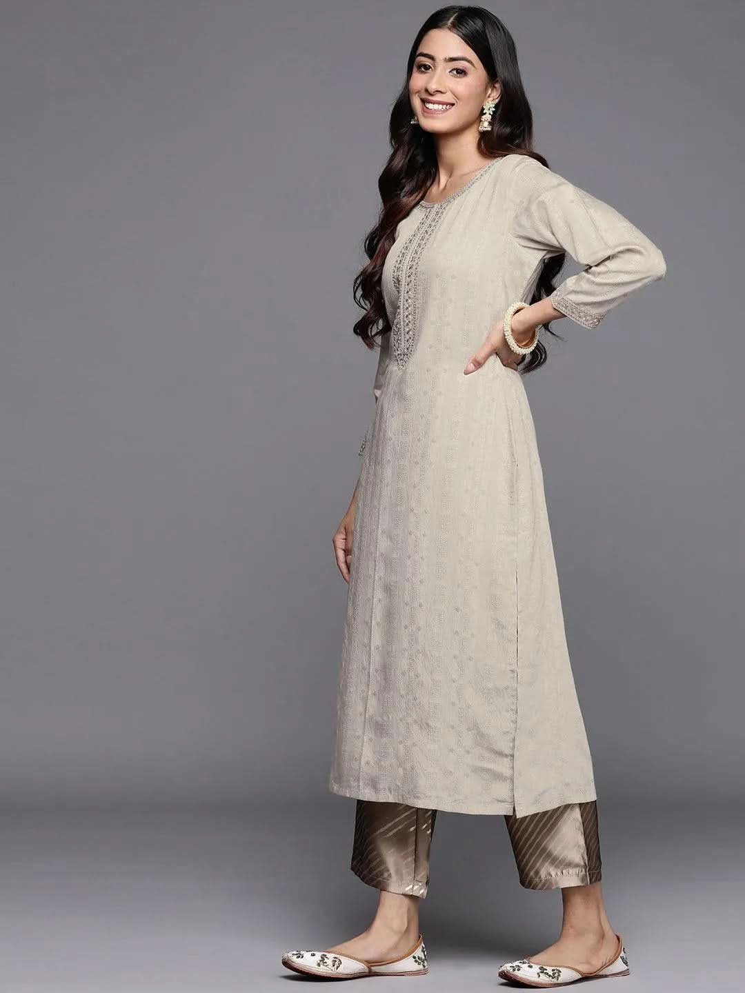 taupe-woven-design-rayon-straight-kurta-libas-2.jpg Taupe Woven Design Rayon Straight Kurta - Image 1
